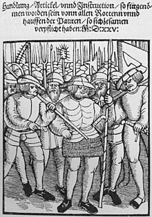 A page depicting men armed with pikes, flails, maces and pitchforks