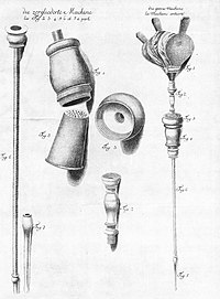 A 1776 textbook drawing of a tobacco smoke enema device, consisting of a nozzle, a fumigator and a bellows Tobacco smoke enema device.jpg