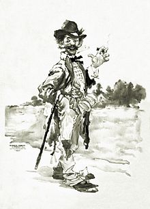 A romanticized tramp depicted in an 1899 U.S. poster Tramp smoking cigar with cane over arm - restoration.jpg