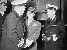 Rear admiral W.J. Kruys (right) during the transfer ceremony of the first Hawker FGA-50 Seahawk fighter aircraft.