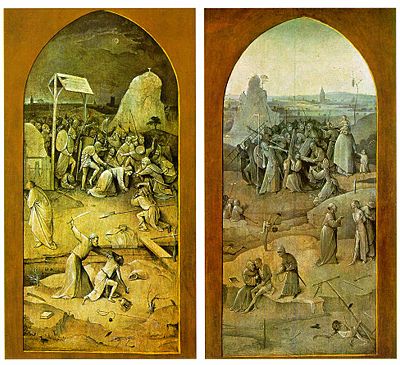 The closed triptych showing the Arrest of Christ and Christ carrying the cross TriptychOfTemptationOfStAnthony(OuterWings).jpg