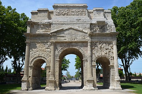 The Triumphal Arch of Orange in Orange, France, the oldest surviving triple-arched Roman triumphal arch, probably built during the reign of Emperor Augustus (27 BC–14 AD)