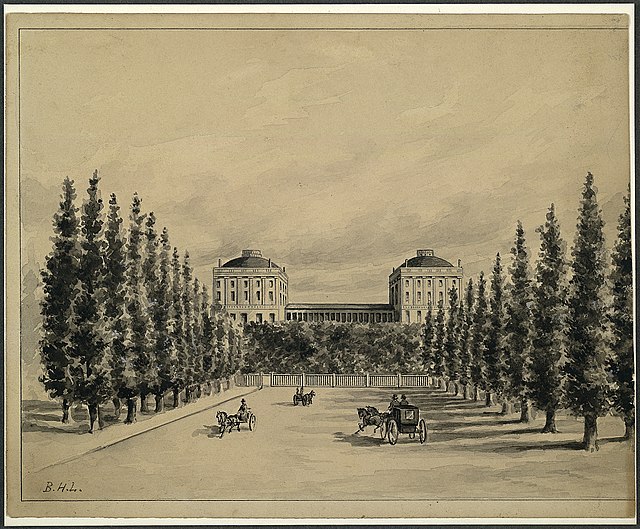 An illustration of Pennsylvania Avenue and the U.S. Capitol before it was burned down by the British on August 24, 1814, during the War of 1812