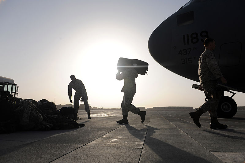 File:U.S. Marines assigned to Marine Medium Tiltrotor Squadron 266 unload their gear from a C-17A Globemaster III aircraft assigned to Joint Base Charleston, S.C., Aug. 23, 2010, at Camp Bastion, Afghanistan 100823-F-RR679-065.jpg