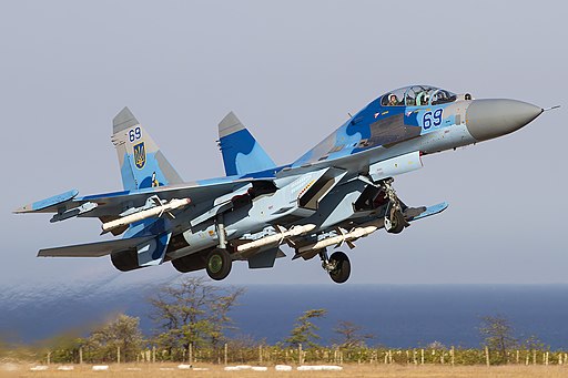 Ukraine Air Force Sukhoi Su-27UB taking off from Belbek