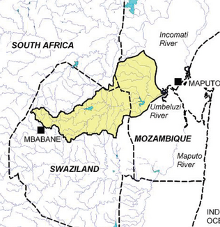 Catchment area of ​​the Mbuluzi River in the north of Eswatini, south of Mozambique and (marginally) east of South Africa