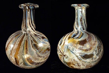 Roman marbled glass piriform unguentarium (front and back)