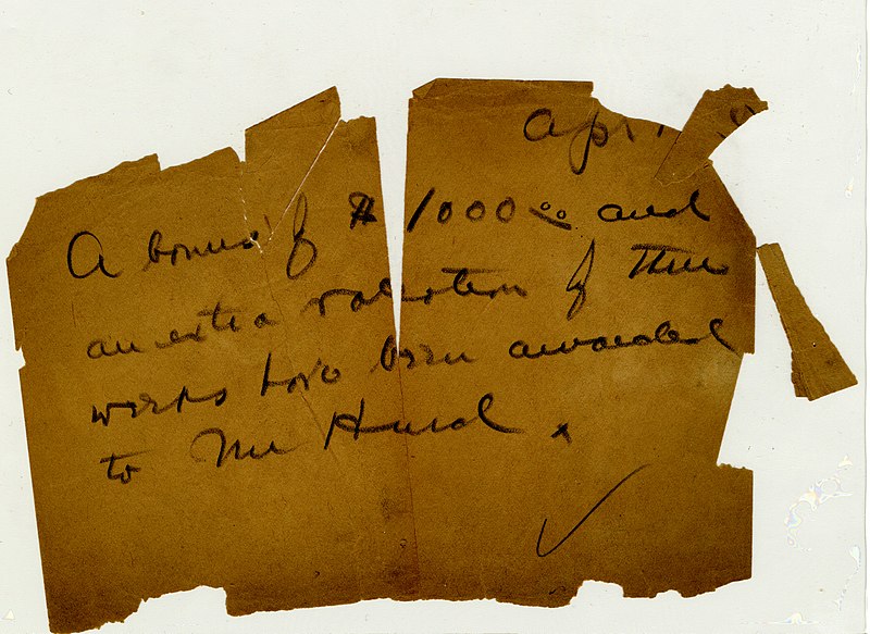 File:Unsigned note in grease pencil, probably in the hand of Ralph Pulitzer, April 19, 1912.jpg