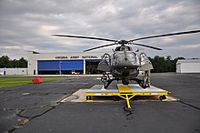 A UH-72 outside of the Facility's main hangar, preparing for a border security deployment