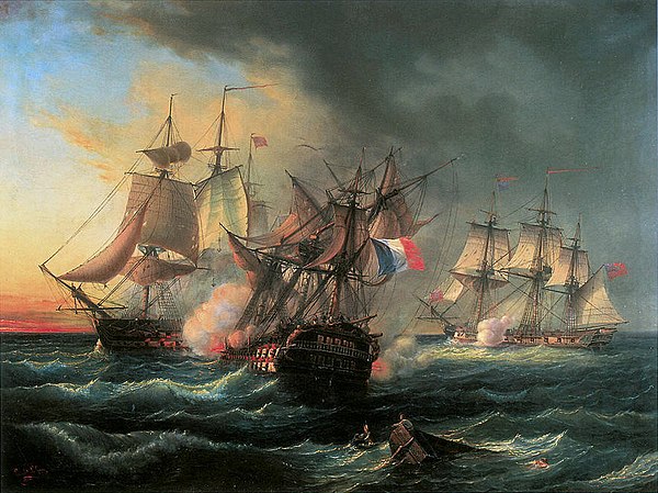 Battle between the French warship Droits de l'Homme and the British frigates Amazon (right) and Indefatigable (left), 13 & 14 January 1797.