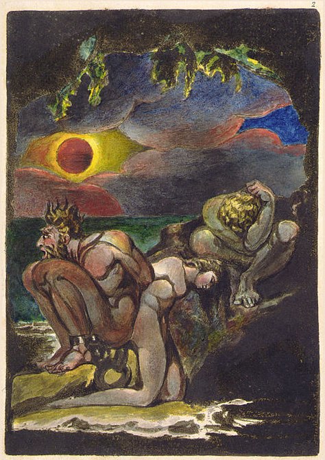 Frontispiece to William Blake's Visions of the Daughters of Albion (1793), which contains Blake's critique of Christian values of marriage. Oothoon (centre) and Bromion (left), are chained together, as Bromion has raped Oothoon and she now carries his baby. Theotormon (right) and Oothoon are in love, but Theotormon is unable to act, considering her polluted, and ties himself into knots of indecision.