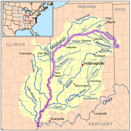 The Wabash River, shown within its drainage basin.