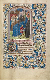 Funeral Mass with priest, choristers, bearers or mourners, and begger receiving alms (c. 1460-80) Willem Vrelant (Flemish, died 1481, active 1454 - 1481) - Mass for the Dead - Google Art Project.jpg