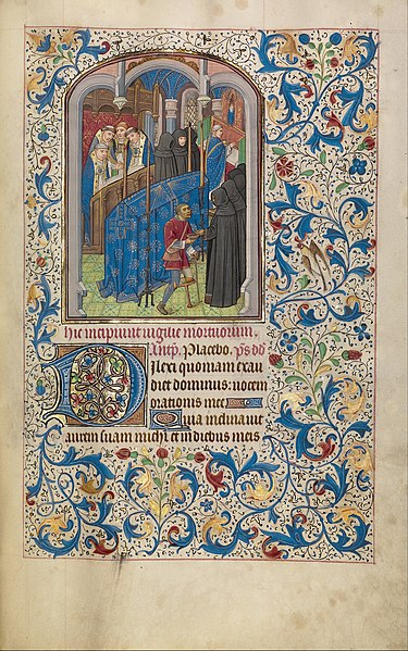 Funeral Mass with priest, choristers, bearers or mourners, and begger receiving alms (c. 1460–80)