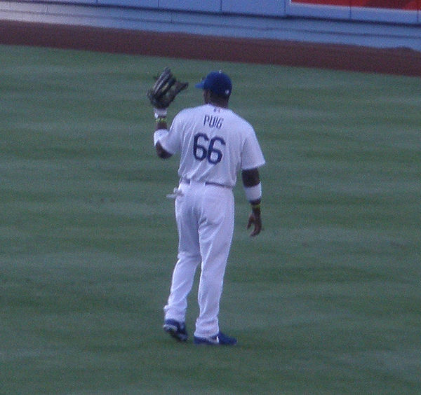 Puig in the Dodger Stadium outfield for the 2013 Los Angeles Dodgers