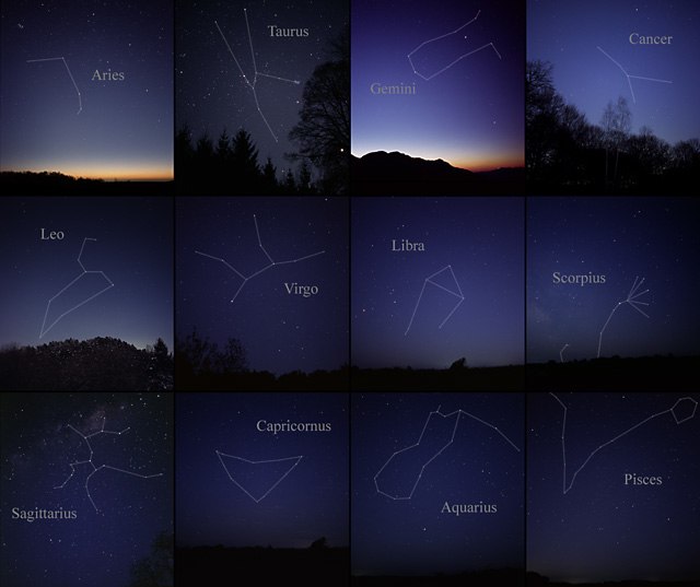 Astrophotos of the twelve zodiac constellations