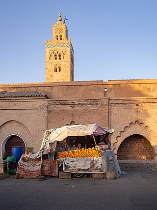 An orange stall in from of Koutoubia Mosque