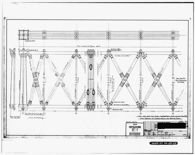 File:"CAST IRON HOWE TRUSS - CARRYING PENNA STATE HIGHWAY ROUTE -83 OVER READING CO. TRACKS - SOUTH OF READING, PENNA, Dwg. -6 - Sht. -1", dated November 20, 1956, shows partial side HAER PA,41-MUNC.V,1-25.tif