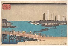 Eitai Bridge and Tsukuda Island 1835 print by Hiroshige. Tsukishima was created behind the island