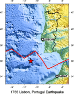 מיקום אזור ההפחתה החדש במוקד רעידת האדמה בליסבון, 1755