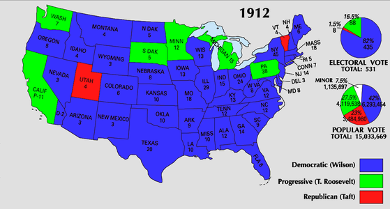 1912 United States presidential election; green denotes electoral votes won by Theodore Roosevelt of the Progressive Party.