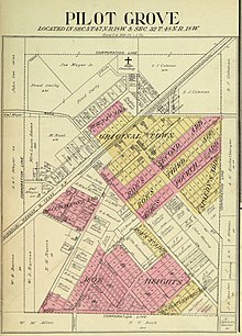 1915 map of Pilot Grove, Cooper County, Missouri from the Standard Atlas of Cooper County, Missouri 1915, p. 12 State Historical Society of Missouri 1915 Map Pilot Grove p12.jpg