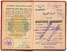 1955 British passport for former Aden protectorate citizens - Qu'aiti State in Hadhramaut ldwl@ lq`yTy@ 1955 British pass. - Aden.jpg