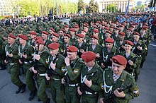 Pro-Russian rebels in Donetsk in May 2015. Ukraine declared the Russian-backed separatist republics from eastern Ukraine to be terrorist organizations. 2015-05-07. Repetitsiia parada Pobedy v Donetske 175.jpg