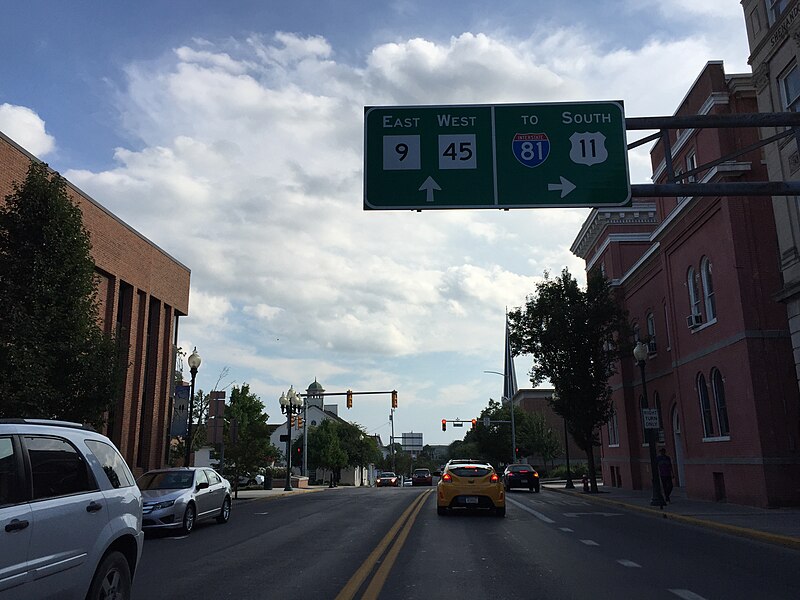 File:2016-08-25 17 11 18 View south along U.S. Route 11, east along West Virginia State Route 9 and west along West Virginia State Route 45 (Queen Street) between Burke Street and King Street in Martinsburg, Berkeley County, West Virginia.jpg