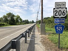 U.S. Route 206 and County Route 521 southbound in Sandyston Township 2018-07-27 09 26 58 View south along U.S. Route 206 and Sussex County Route 521 between Sussex County Route 656 (Shaytown Road) and Sussex County Route 675 (Degroat Road) in Sandyston Township, Sussex County, New Jersey.jpg
