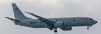 A Boeing P-8 Poseidon, tail number 168761, on final approach at Kadena Air Base in Okinawa, Japan. It is assigned to Patrol Squadron 45 (VP-45) at NAS Jacksonville, Florida, United States.