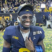 Mike Sainristil caught a critical interception and returned it 81 yards to help seal Michigan's victory. 2024-0108-Mike Sainristill.jpg