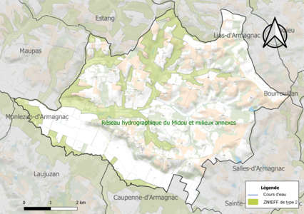 Carte de la ZNIEFF de type 2 sur la commune.