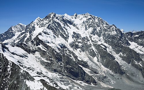 Aerial image of the Monte Rosa east wall, with a height of 2400 m the highest mountain wall in the Alps