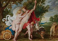 After Peter Paul Rubens. Venus trying to prevent Adonis from going hunting label QS:Lde,"Venus versucht Adonis vom Aufbruch zur Jagd zurückzuhalten" label QS:Len,"Venus trying to prevent Adonis from going hunting" label QS:Lpl,"Wenus usiłująca odwieść Adonisa od pójścia na polowanie" label QS:Lnl,"Venus tracht Adonis te weerhouden van de jacht" . 1611-1750. oil on panelmedium QS:P186,Q296955;P186,Q106857709,P518,Q861259. 59 × 81 cm (23.2 × 31.8 in). The Hague, Royal Picture Gallery Mauritshuis.