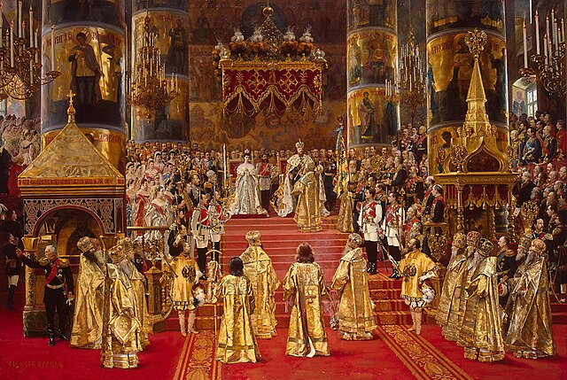 Grand painting by artist Georges Becker of the coronation of Emperor Alexander III and Empress Maria Fyodorovna, which took place on 27 May [O.S. 15 M