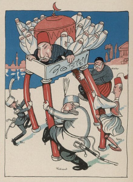 1912 Danish cartoon shows Balkan states tearing apart the rickety Ottoman Empire in the First Balkan War, October 1912