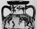 At the top of the image a male guides their penis towards a second male. Below are Komast dancers. Below and right is sex between a female and a male. Amphora. Timiades Painter. Date: around: 570 - 560 BCE.