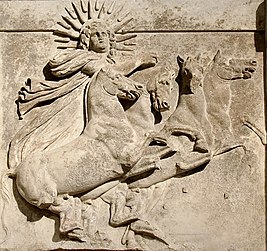 Architrave with sculpted metope showing sun god Helios in a quadriga; from temple of Athena at Troy, ca 300-280 BCE; Altes Museum, Berlin (25308440197) (cropped) 1.jpg