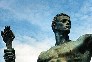 Arno Breker, The Great Torchbearer (1939). The sculpture stood, together with the sculpture The Wehrmacht, in the courtyard of the New Reich Chancellery in Berlin until 1945, and is now owned by the Breker Museum. It was intended to represent the spirit of Nazi Germany. ArnoBrekerDiePartei.jpg