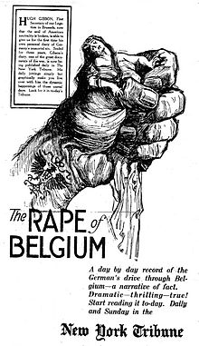 Belçika'nın Tecavüzü, bir kadının (Belçika) vintage illüstrasyonu, Kutsal Roma İmparatorluğu'nun kartalı ile dövmeli, sıkılı bir yumrukta esir tutuldu.