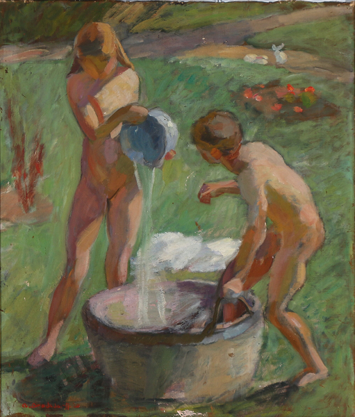 File:Axel Bredsdorff - To børn i en sommerhave gør badet klart - 1920.png