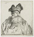 Old man with a divided fur cap label QS:Len,"Old man with a divided fur cap" label QS:Lnl,"Oude man met een bontmuts met een gespleten opstaande rand" . 1640. etching print and drypoint print. 15 × 13.7 cm (5.9 × 5.3 in). Various collections.