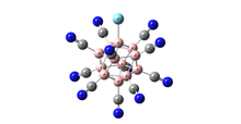 Ball-and-stick model of the complex of superelectrophilic anion [B12(CN)11] with Ar. B12 core has nearly icosahedral symmetry. B - pink, C - grey, N - dark blue, Ar - blue. BCN-Ar cluster.png