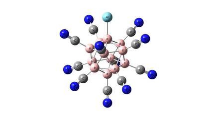 Ball-and-stick model of the complex of superelectrophilic anion [B12(CN)11]− with Ar. B12 core has nearly icosahedral symmetry. B – pink, C – grey, N – dark blue, Ar – blue.