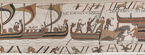 Arrival in England scene from the Bayeux Tapestry, depicting ships grounding and horses landing