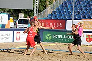 Deutsch: Beachhandball Europameisterschaften 2019 (Beach handball Euro); Tag 1: 2. Juli 2019 – Männer, Vorrunde Gruppe D, Polen-Schweden 2:1 (18:10, 15:9; 8:6) English: Beach handball Euro; Day 1: 2 July 2019 – Men Preliminary Round Group D – Poland-Sweden 2:1 (18:10, 15:9; 8:6)