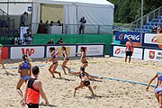 Deutsch: Beachhandball Europameisterschaften 2019 (Beach handball Euro); Tag 2: 3. Juli 2019 – Frauen, Vorrunde Gruppe C, Spanien-Griechenland 2:1 (12:20, 18:16; 8:2) English: Beach handball Euro; Day 2: 3 July 2019 – Women Preliminary Round Group C – Spain-Greece 2:1 (12:20, 18:16; 8:2)