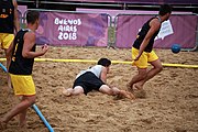 Deutsch: Beachhandball bei den Olympischen Jugendspielen 2018; Tag 6, 12. Oktober 2018; Jungen, Hauptrundenspiel – Spanien-Portugal 2:1 English: Beach handball at the 2018 Summer Youth Olympics at 12 October 2018 – Boys Main Round – Spain-Portugal 2:1