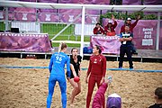 Deutsch: Beachhandball bei den Olympischen Jugendspielen 2018; Tag 6, 12. Oktober 2018; Mädchen, Platzierungsrundenspiel – Russland-Venezuela 2:0 English: Beach handball at the 2018 Summer Youth Olympics at 12 October 2018 – Girl's Consolation Round – Russland-Venezuela 2:0